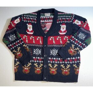 Merry Christmas Daisys Boutique Cardigan Sweater XXL Navy‎ Blue Santa Reindeer